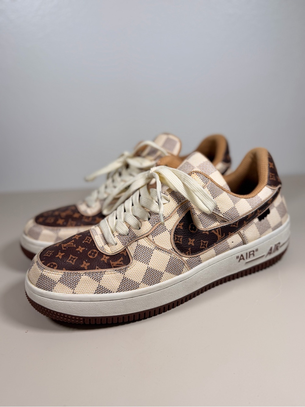 Nike Air Force 1 Tan and White Checkered Sneakers